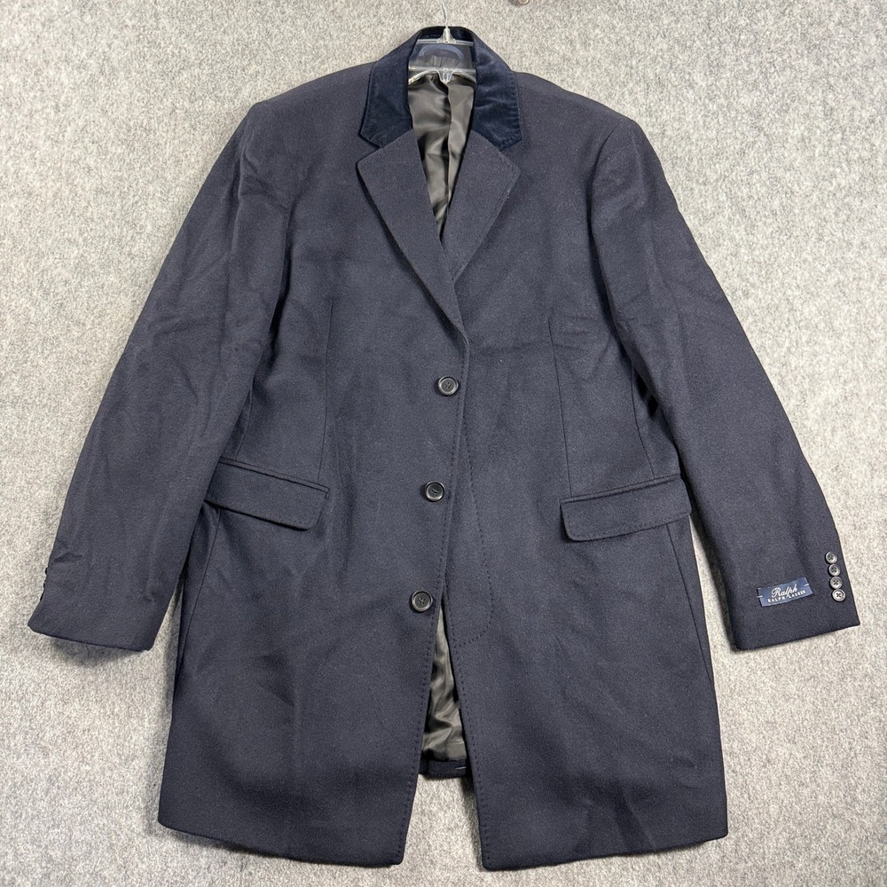 Ralph Lauren Overcoat Mens 46 Navy Wool  Cashmere Blend Jacket 3 Buttons Luxury